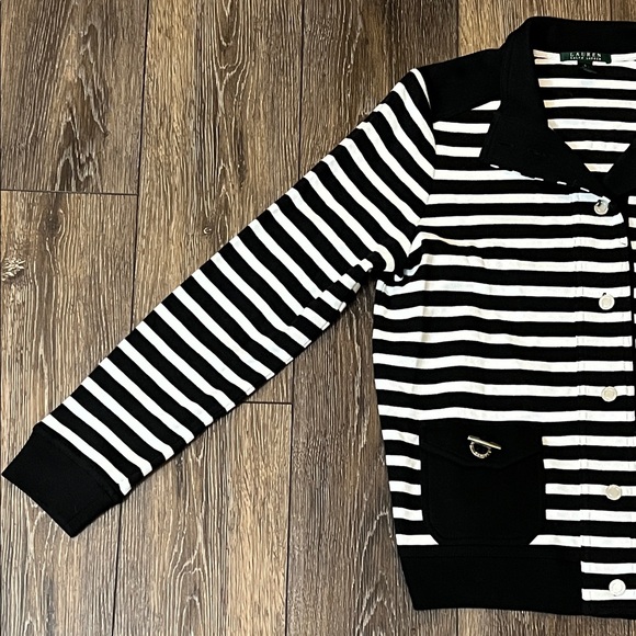 Lauren Ralph Lauren Striped Cardigan Sweater Silver Buttons Black Coastal Large - Picture 3 of 13